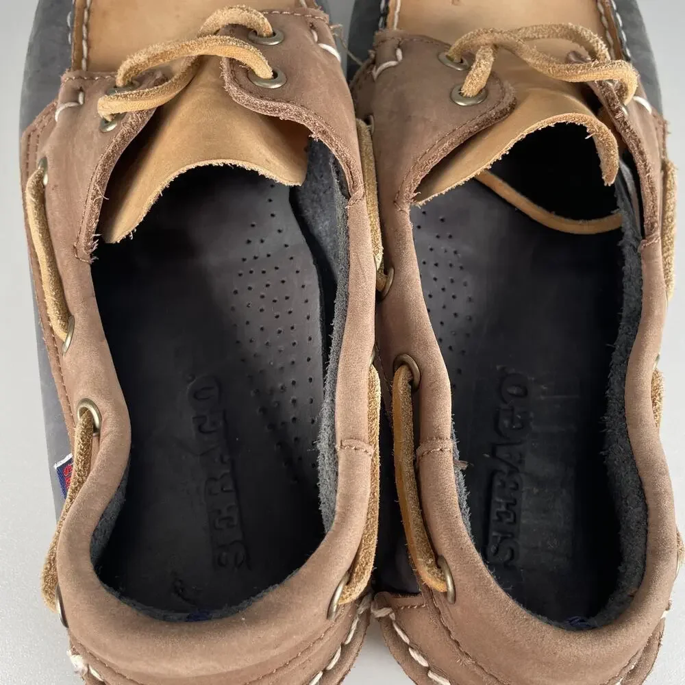 Sebago Authentic Men's 8.5 Navy Brown Leather Lace Up Loafers Boat Shoes Casual